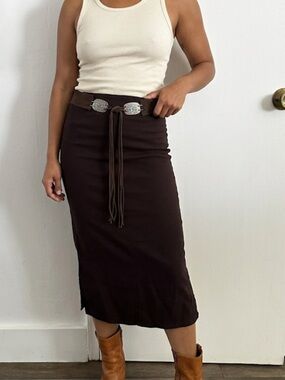 Vintage 90s Boho Western Concho Belt Midi Skirt Espresso Brown Turquoise Y2K
S